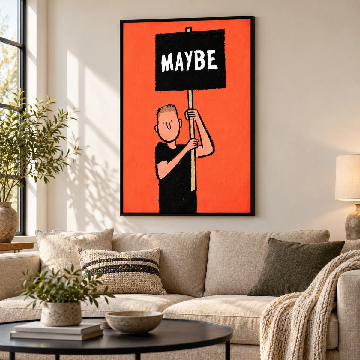 Maybe Sign Cartoon Man Oil Painting | White Lettering Black Placard and Orange Background Humorous Vertical Wall Art #OA 1729