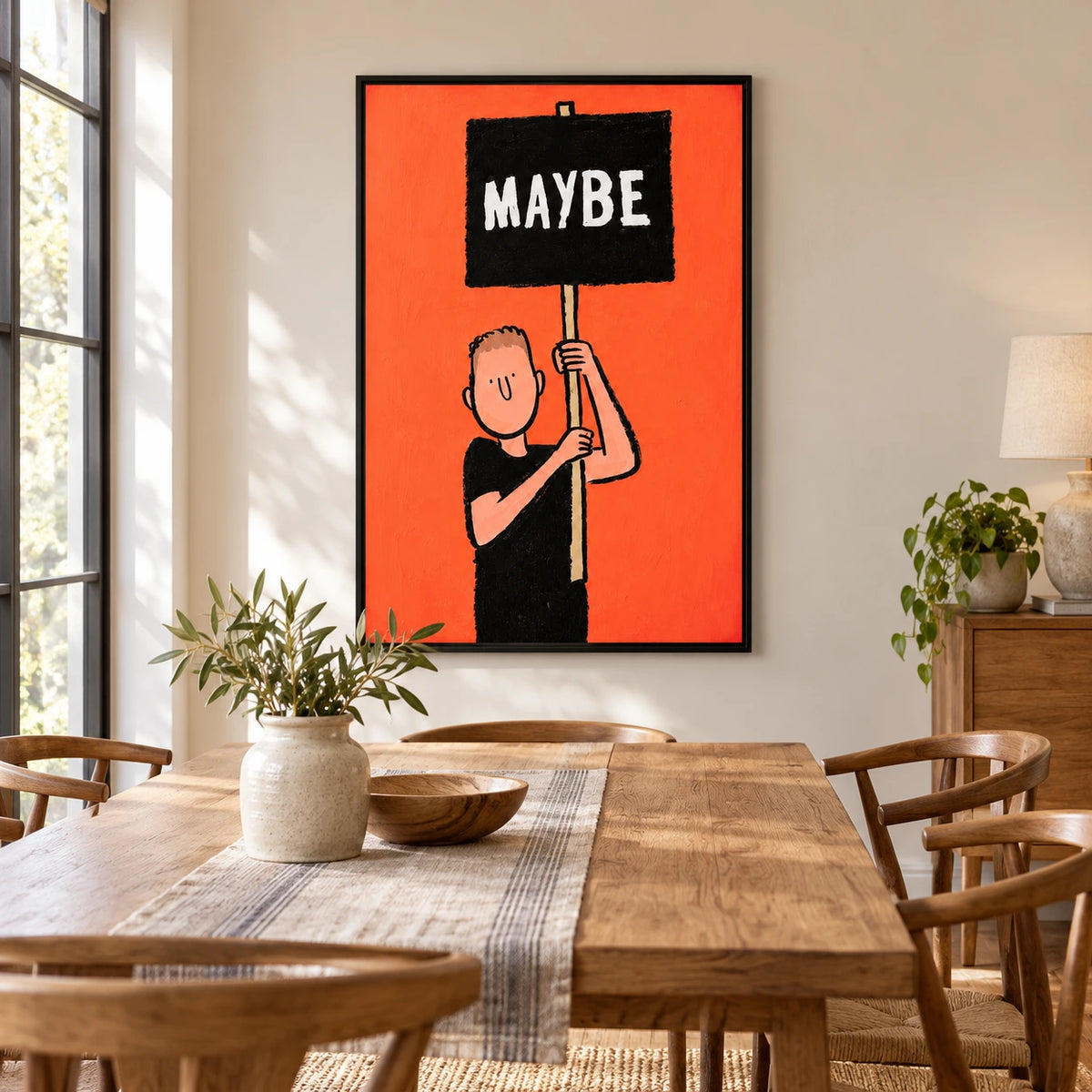 Maybe Sign Cartoon Man Oil Painting | White Lettering Black Placard and Orange Background Humorous Vertical Wall Art #OA 1729