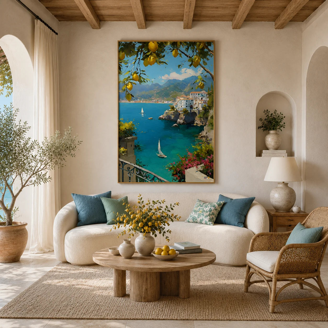 Mediterranean Lemon Tree, Azure Bay and Cliffside White Village Hand-Painted Oil Painting – Vertical Sailboat Coastal Wall Art | Ownanart # OA 1215