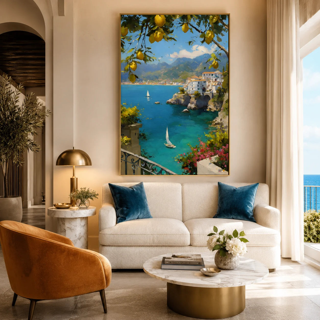 Mediterranean Lemon Tree, Azure Bay and Cliffside White Village Hand-Painted Oil Painting – Vertical Sailboat Coastal Wall Art | Ownanart # OA 1215