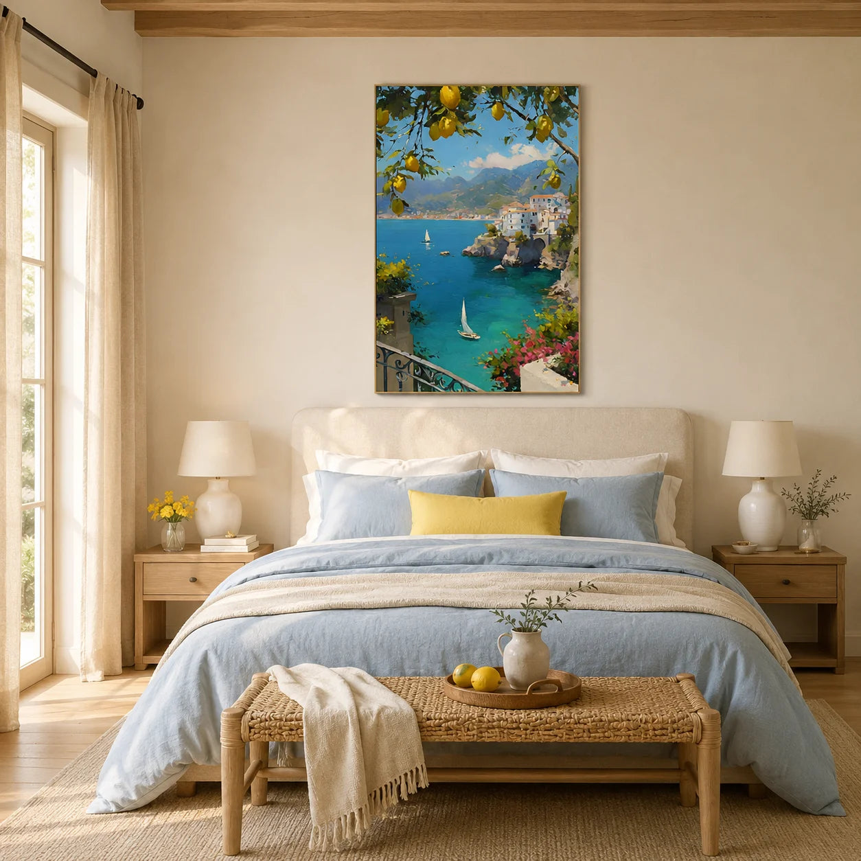 Mediterranean Lemon Tree, Azure Bay and Cliffside White Village Hand-Painted Oil Painting – Vertical Sailboat Coastal Wall Art | Ownanart # OA 1215