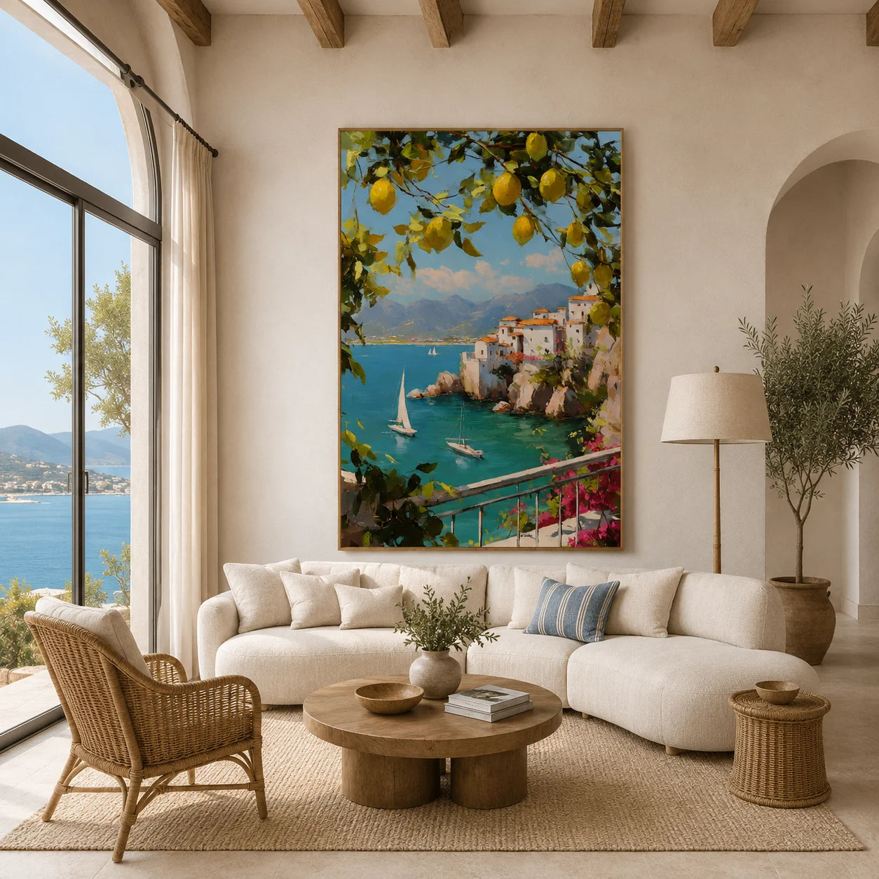 Mediterranean Lemon Tree, Turquoise Bay and Cliffside Village Hand-Painted Oil Painting – Vertical Sailboat Coastal Wall Art | Ownanart # OA 1214