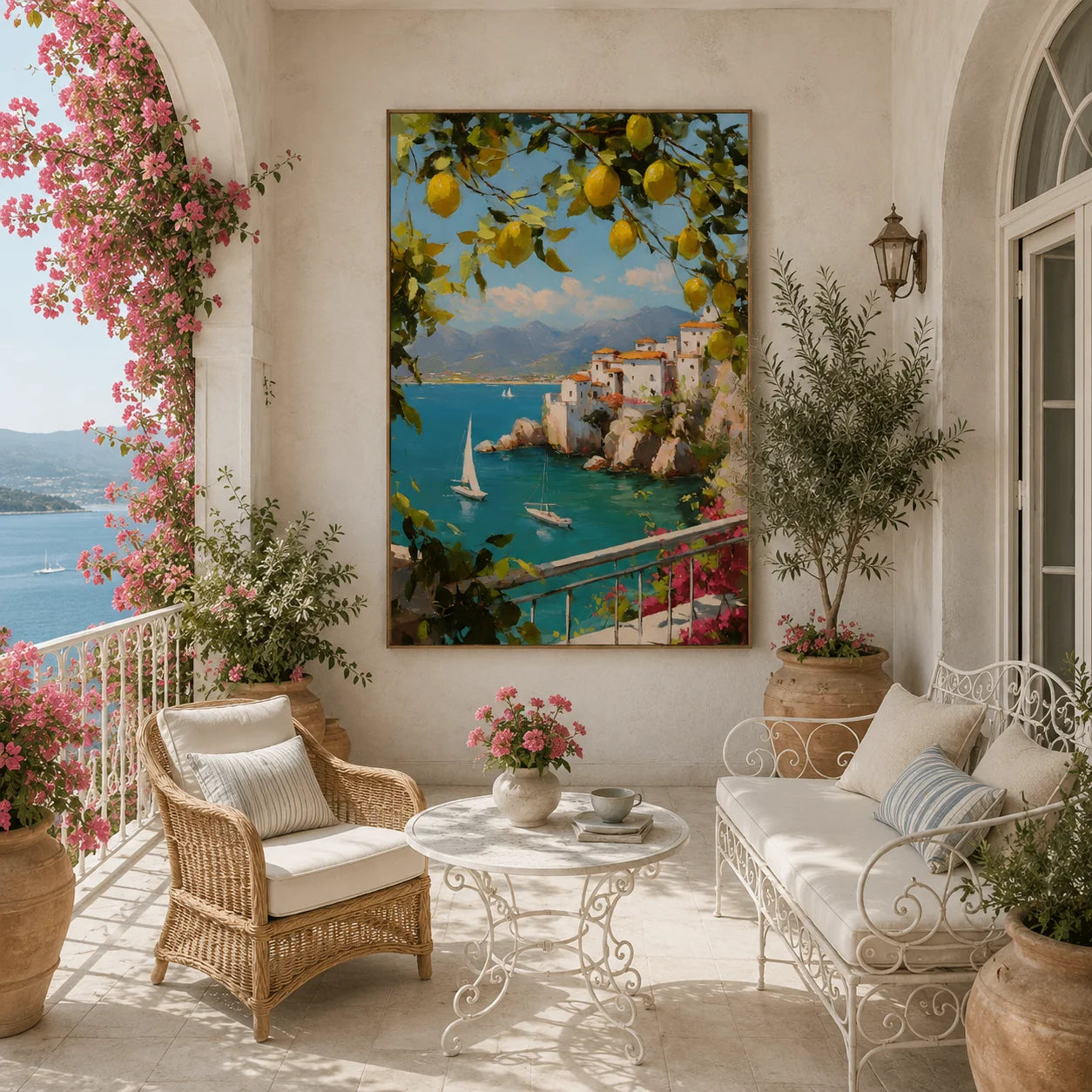 Mediterranean Lemon Tree, Turquoise Bay and Cliffside Village Hand-Painted Oil Painting – Vertical Sailboat Coastal Wall Art | Ownanart # OA 1214