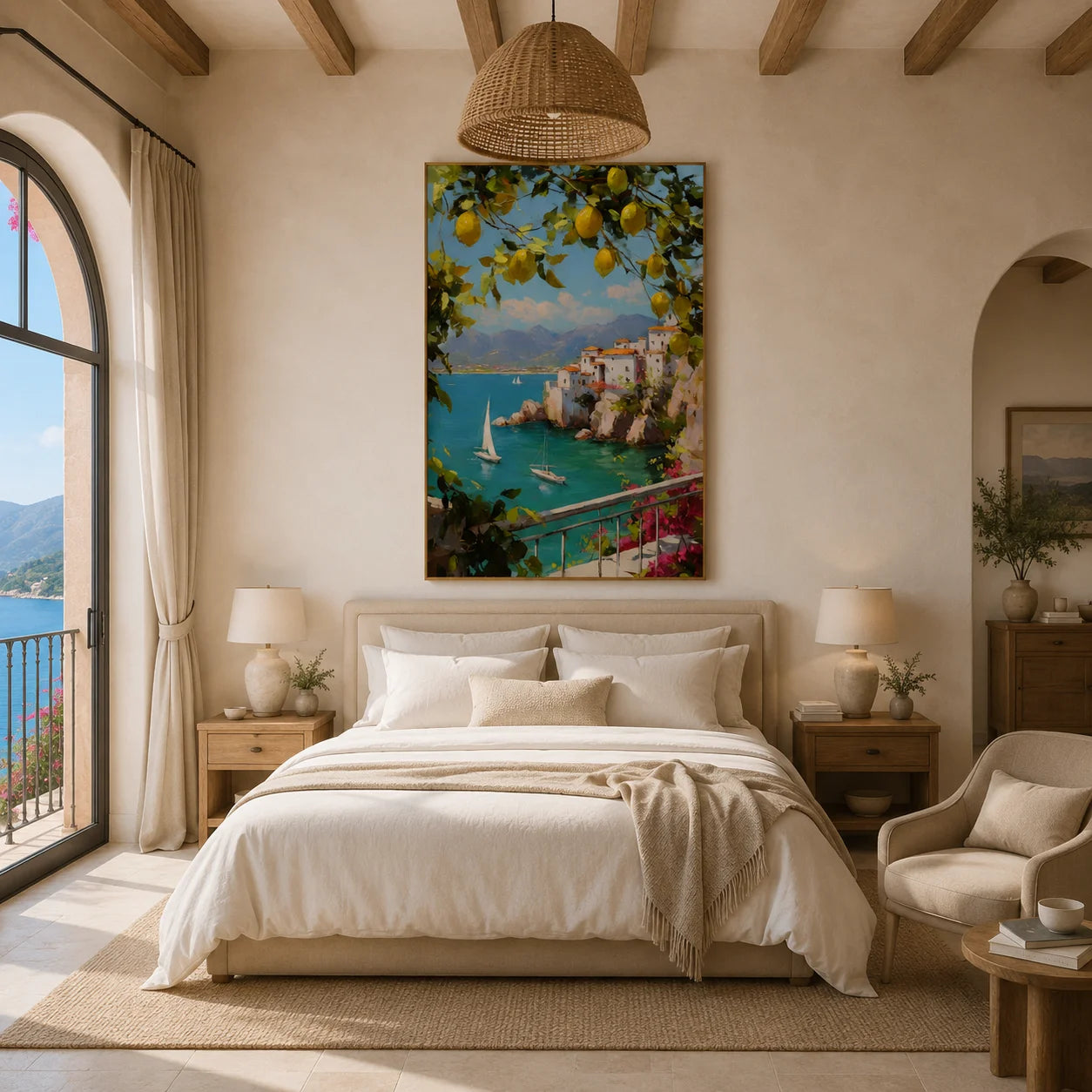 Mediterranean Lemon Tree, Turquoise Bay and Cliffside Village Hand-Painted Oil Painting – Vertical Sailboat Coastal Wall Art | Ownanart # OA 1214