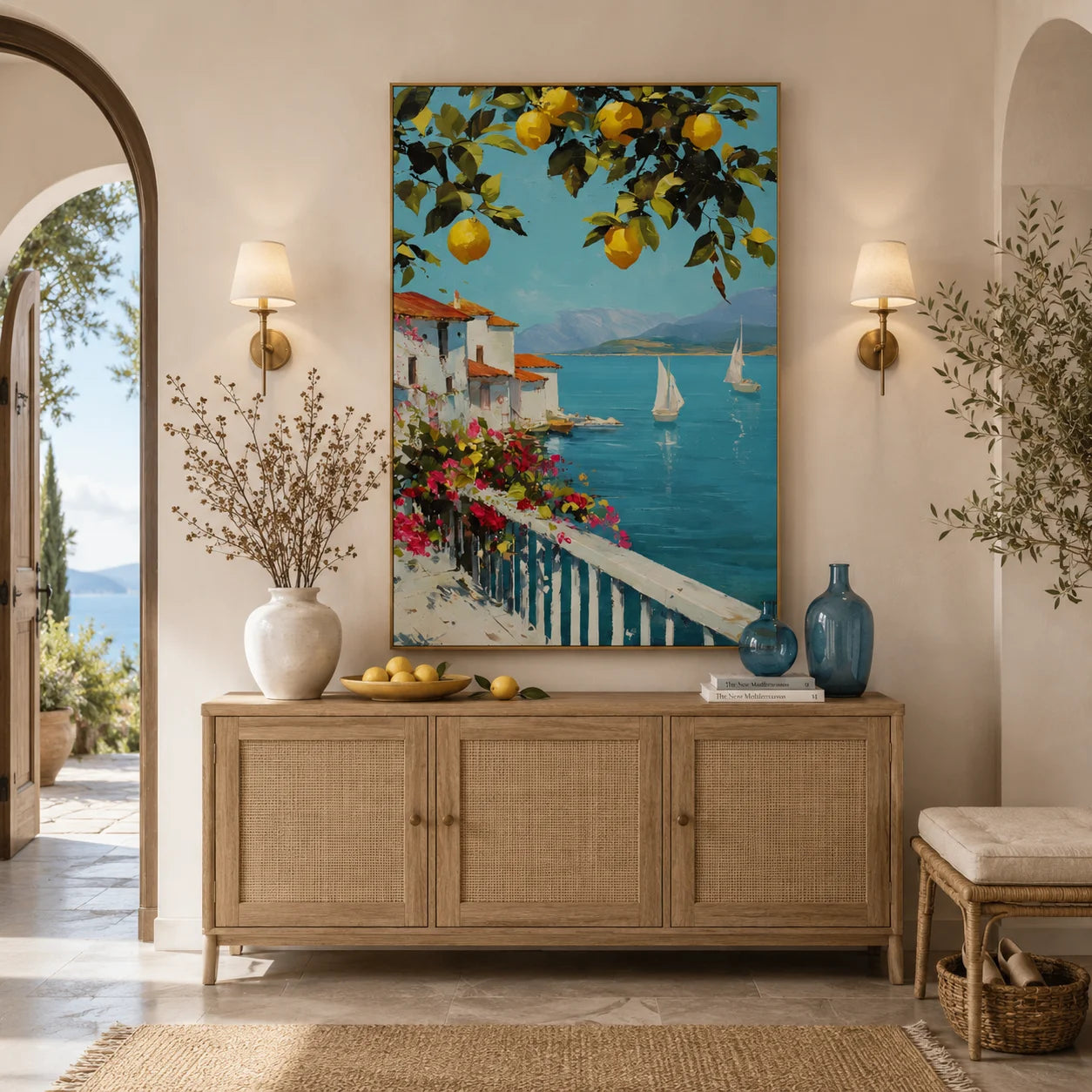 Mediterranean Lemon Tree, Turquoise Bay and White Coastal Village Hand-Painted Oil Painting – Vertical Sailboat Wall Art | Ownanart # OA 1217