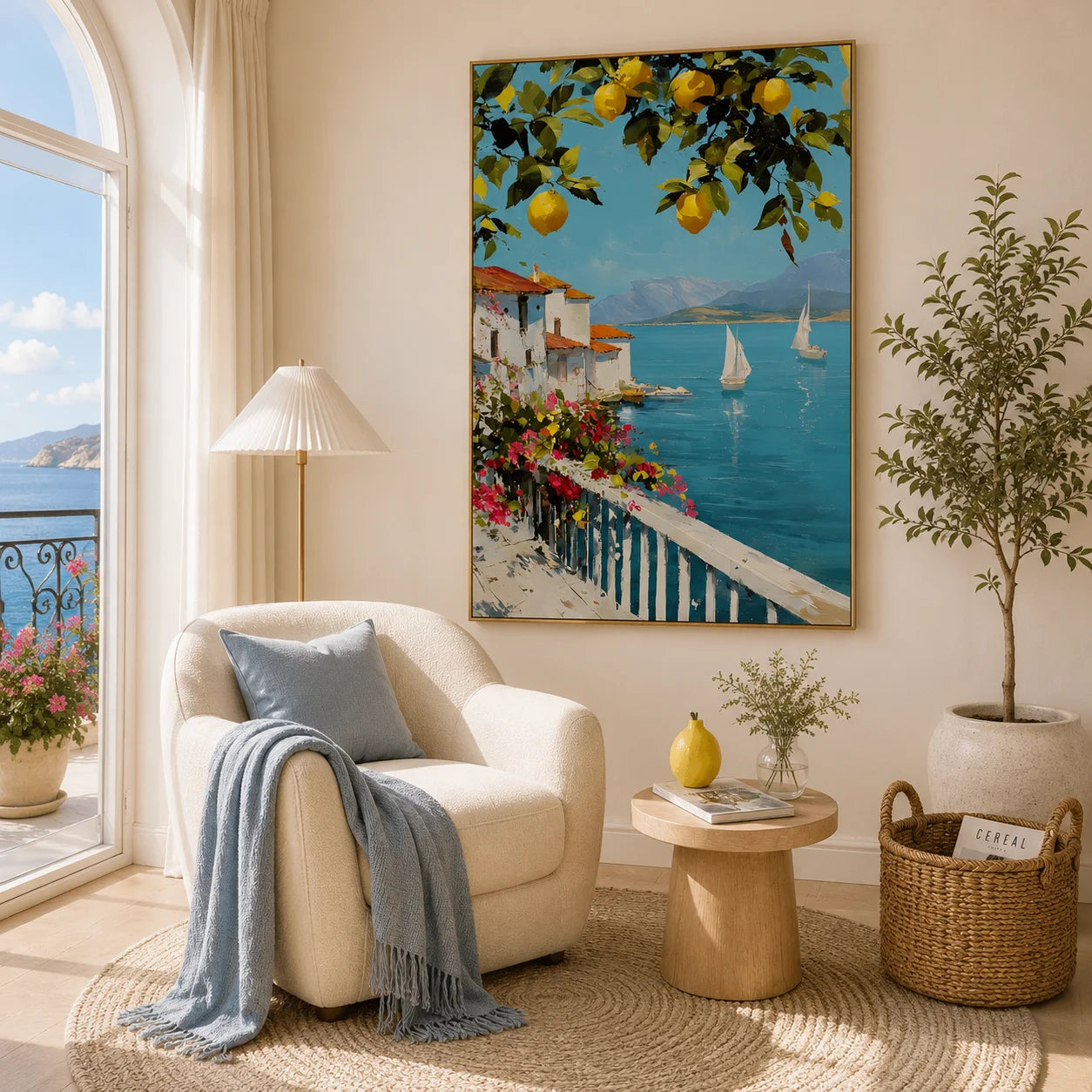 Mediterranean Lemon Tree, Turquoise Bay and White Coastal Village Hand-Painted Oil Painting – Vertical Sailboat Wall Art | Ownanart # OA 1217
