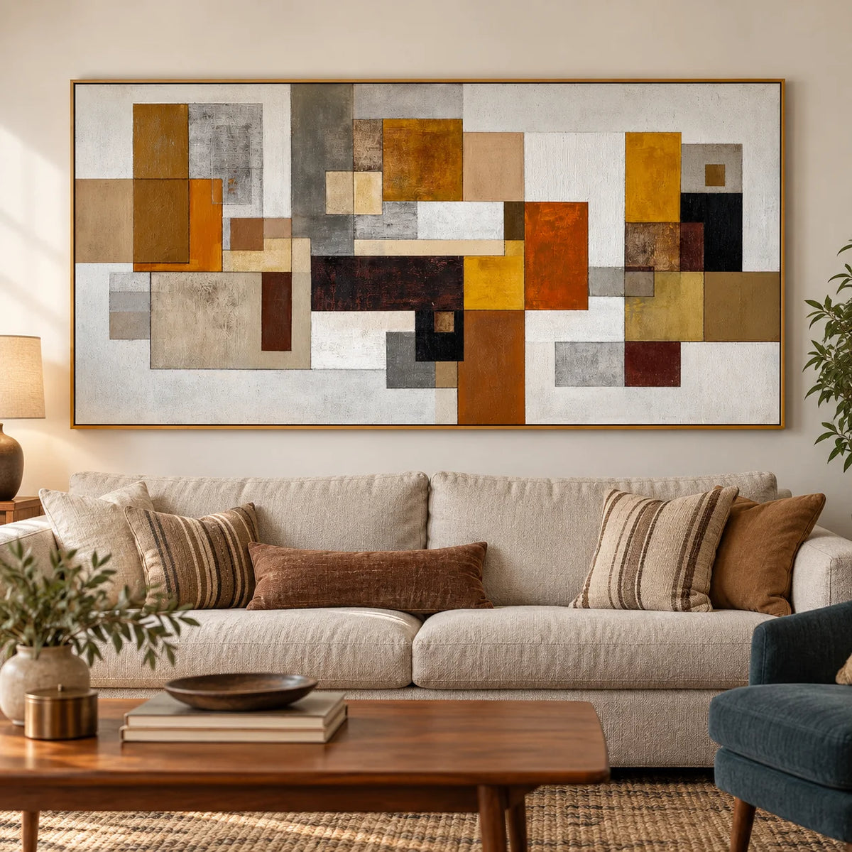 Mid Century Modern Geometric Abstract Canvas Wall Art – Large Horizontal Neutral Beige and Mustard Yellow Painting for Living Room Decor