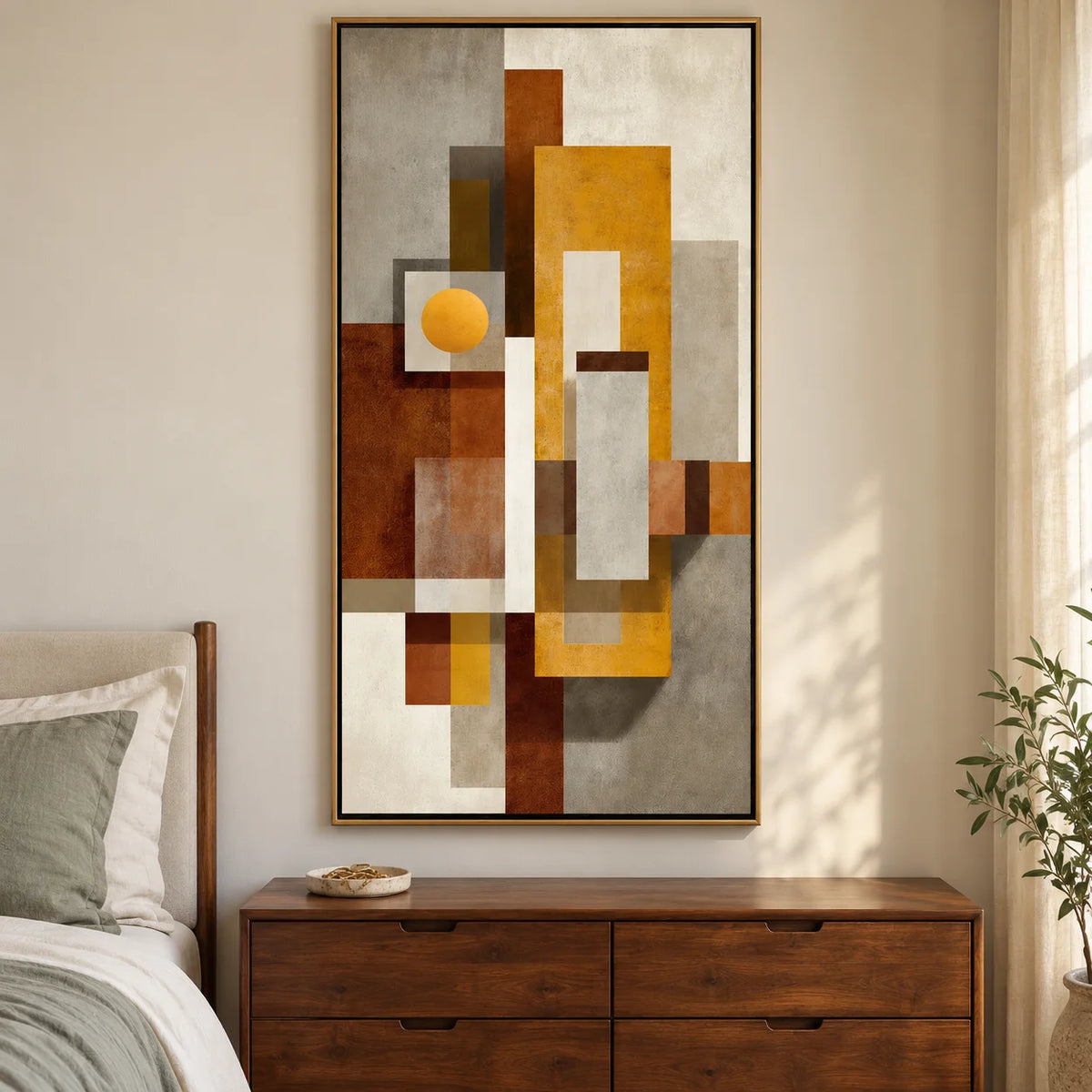 Mid Century Modern Geometric Abstract Canvas Wall Art – Vertical Neutral Beige Mustard Yellow Painting for Entryway Living Room Decor
