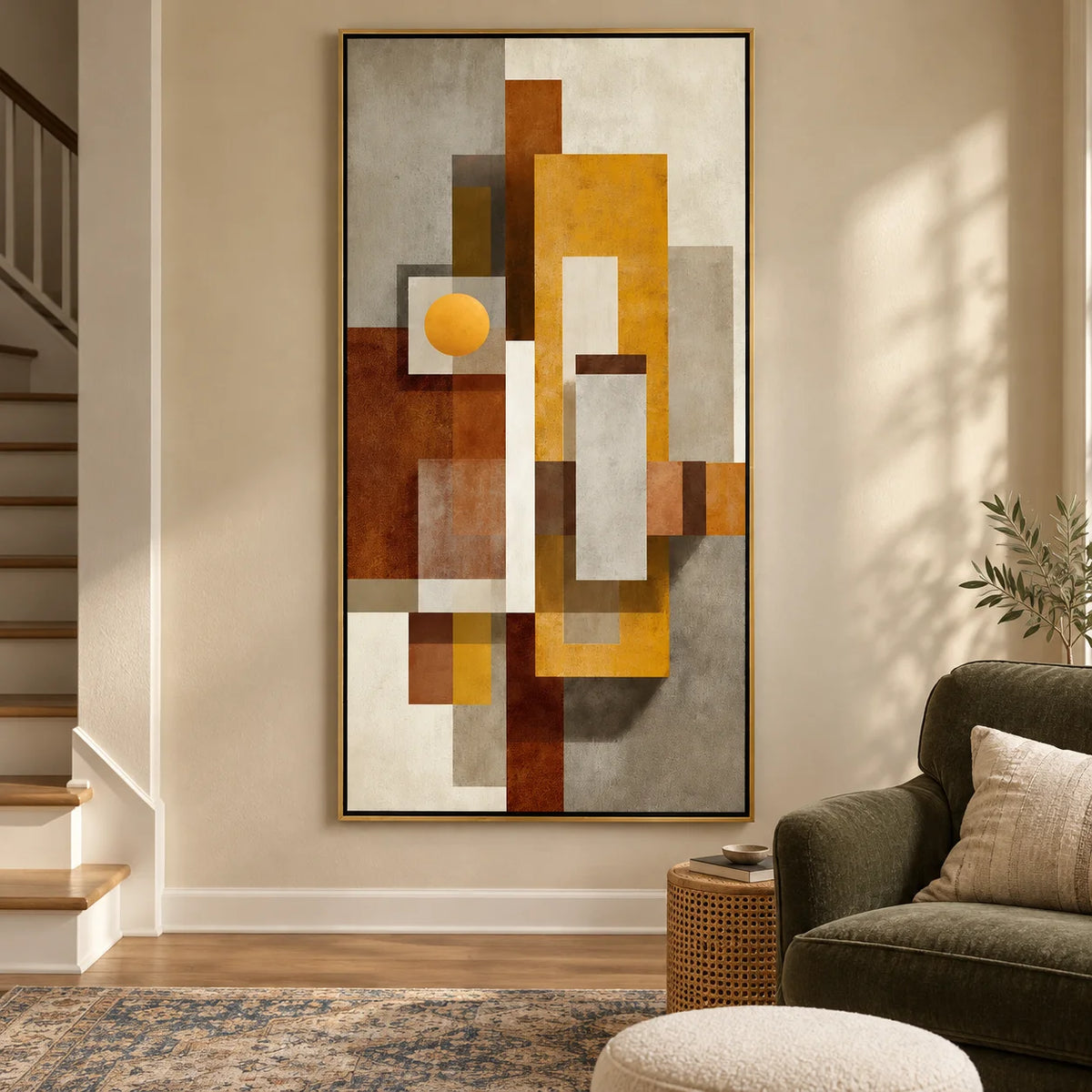 Mid Century Modern Geometric Abstract Canvas Wall Art – Vertical Neutral Beige Mustard Yellow Painting for Entryway Living Room Decor