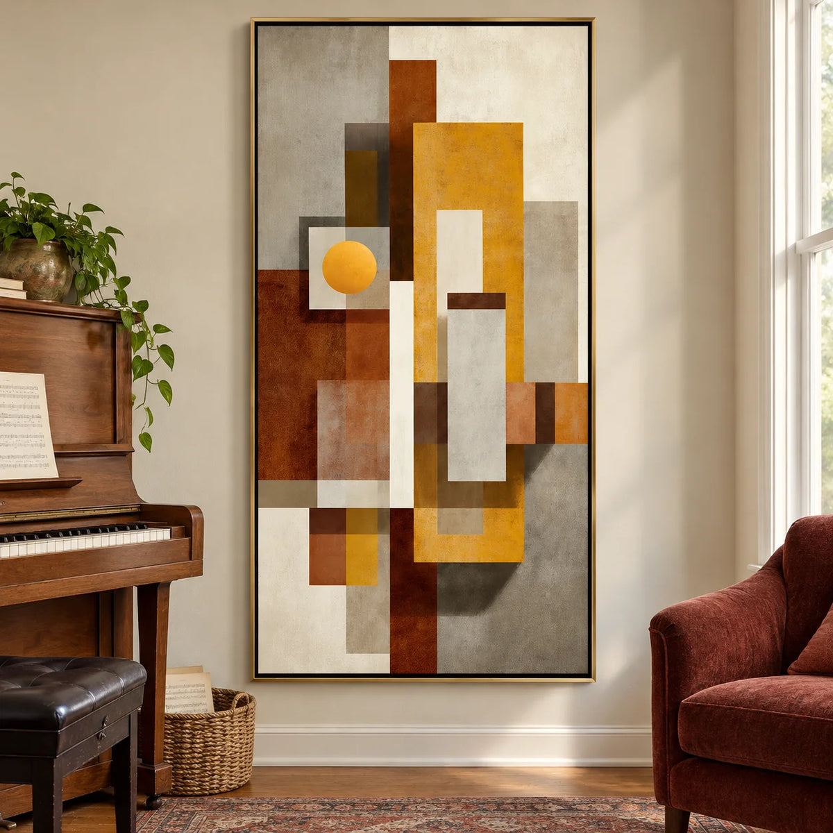Mid Century Modern Geometric Abstract Canvas Wall Art – Vertical Neutral Beige Mustard Yellow Painting for Entryway Living Room Decor