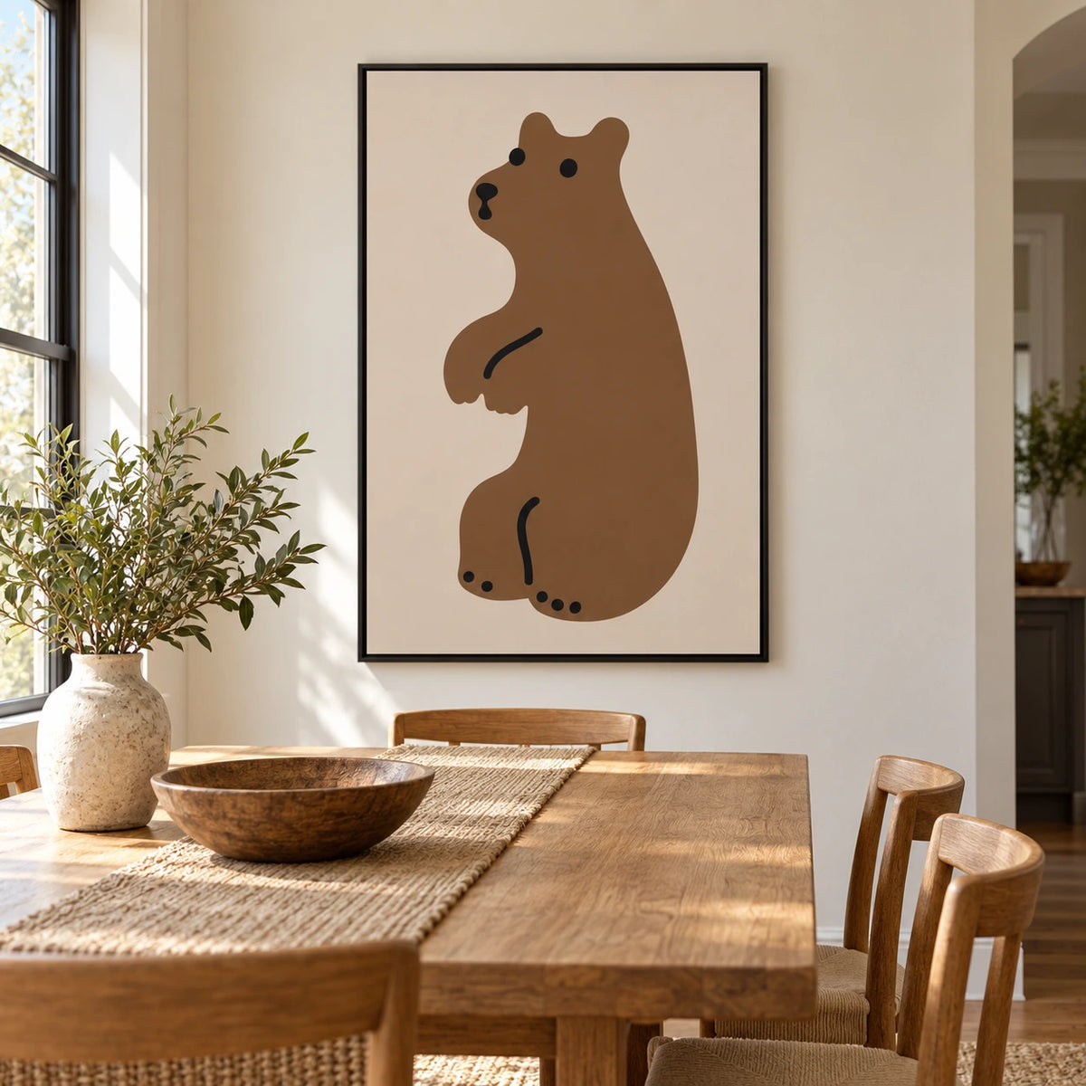 Minimalist Brown Bear Oil Painting | Beige Background Black Details and Simple Animal Portrait Vertical Nursery Wall Art #OA 1732