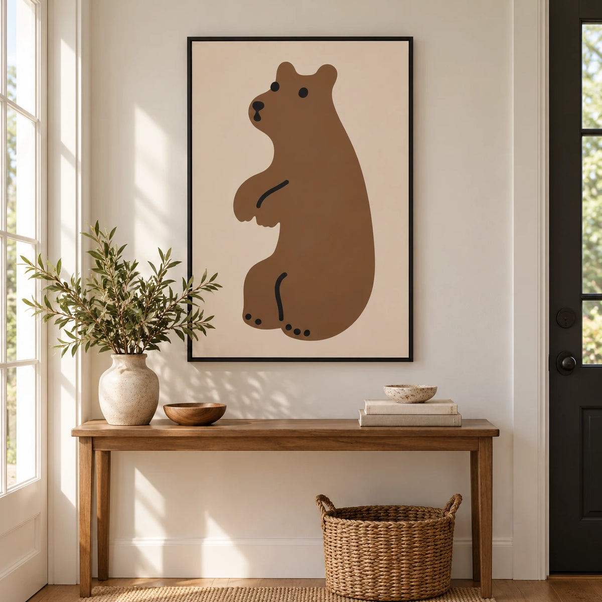 Minimalist Brown Bear Oil Painting | Beige Background Black Details and Simple Animal Portrait Vertical Nursery Wall Art #OA 1732
