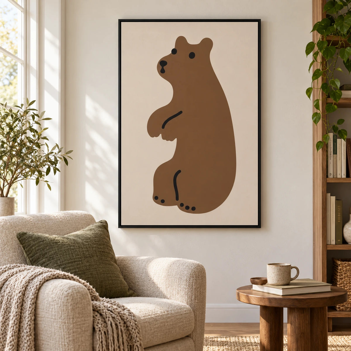 Minimalist Brown Bear Oil Painting | Beige Background Black Details and Simple Animal Portrait Vertical Nursery Wall Art #OA 1732