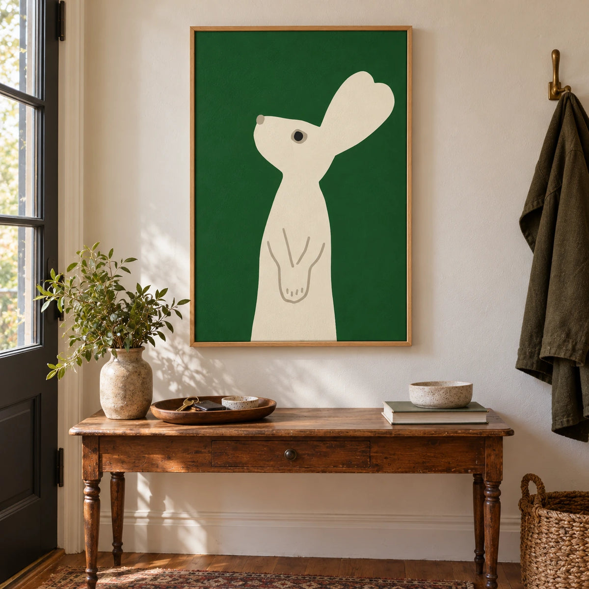Minimalist Cream Rabbit Oil Painting | Green Background Simple Animal Portrait Vertical Nursery Wall Art OA 1766