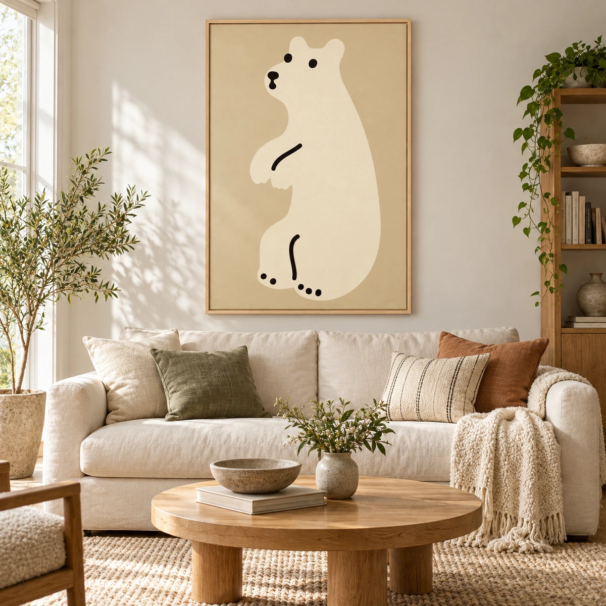 Minimalist White Polar Bear Oil Painting | Neutral Beige Nursery Animal Vertical Wall Art #OA 1623