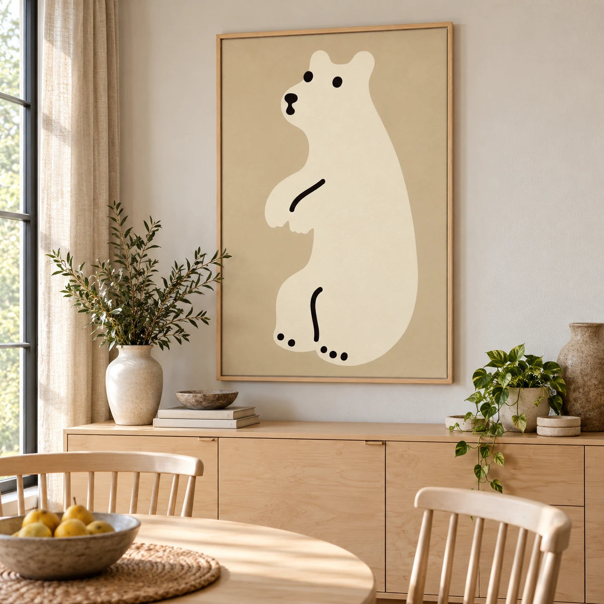Minimalist White Polar Bear Oil Painting | Neutral Beige Nursery Animal Vertical Wall Art #OA 1623