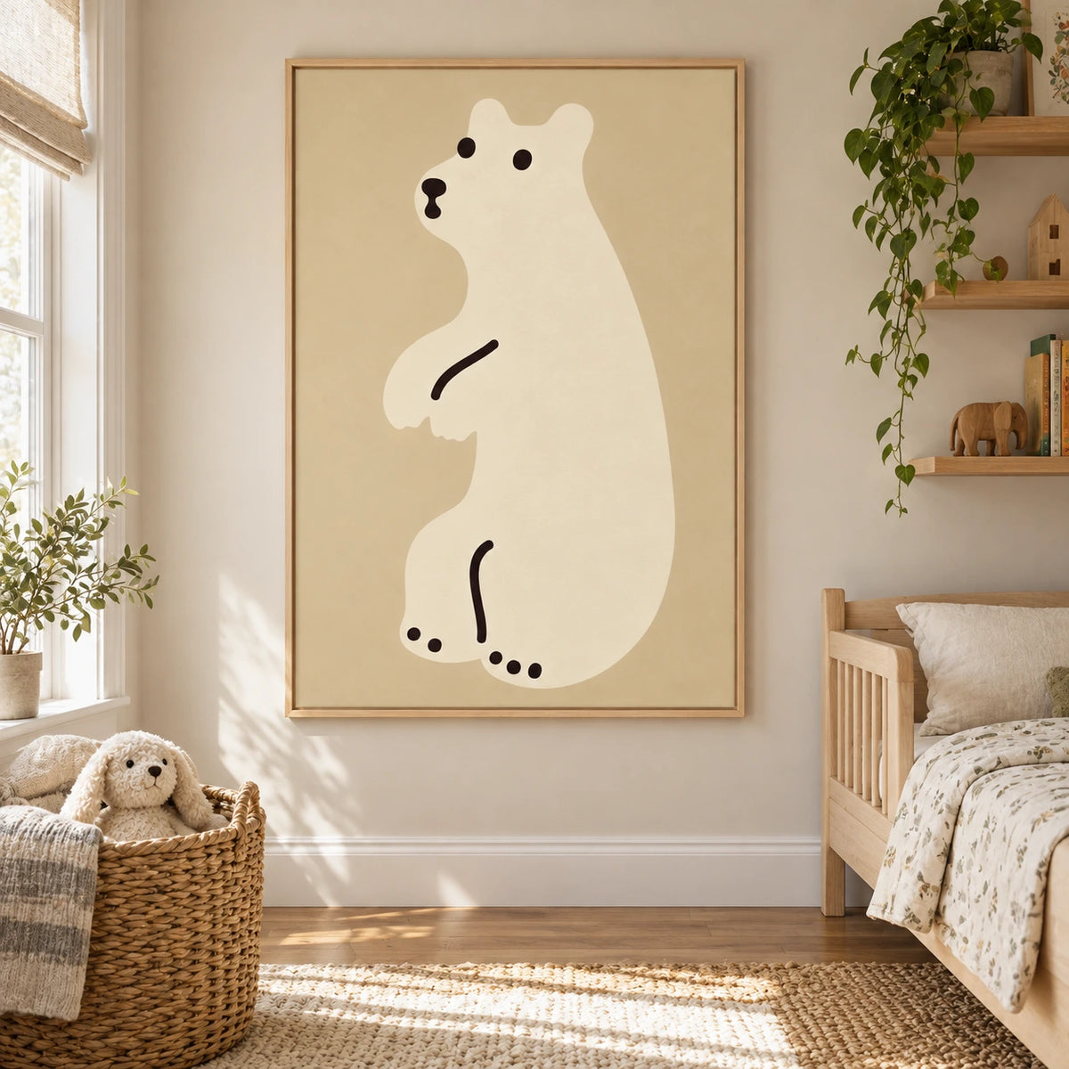 Minimalist White Polar Bear Oil Painting | Neutral Beige Nursery Animal Vertical Wall Art #OA 1623