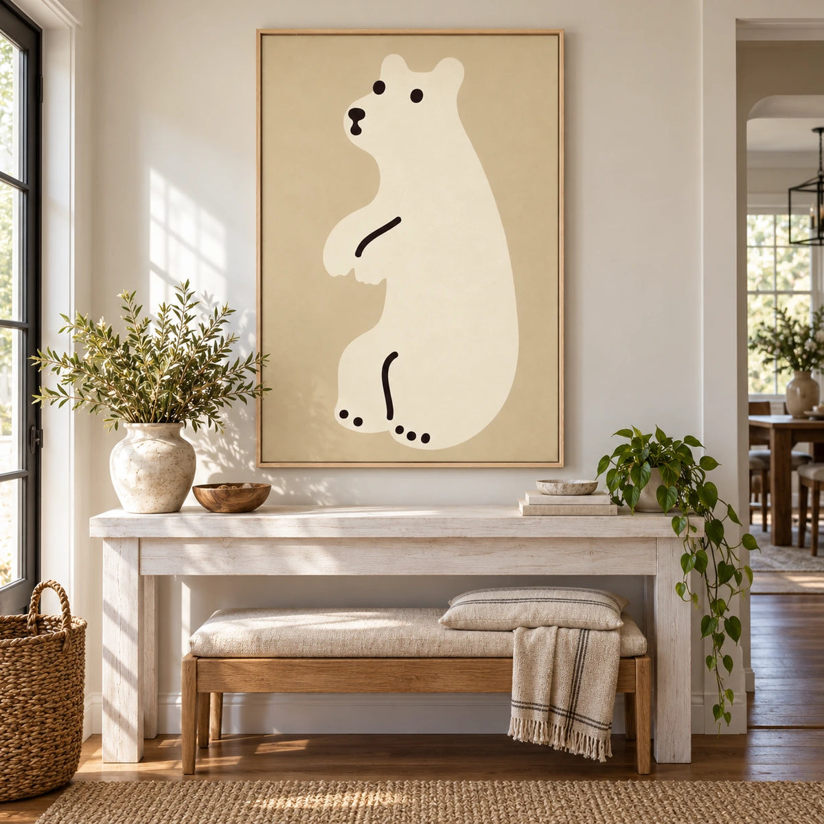 Minimalist White Polar Bear Oil Painting | Neutral Beige Nursery Animal Vertical Wall Art #OA 1623