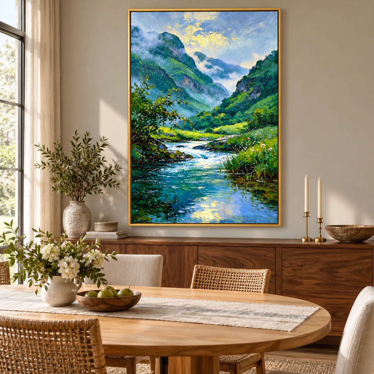 Misty Mountain River Oil Painting | Green Valley Blue Stream and Wildflowers Textured Vertical Landscape Wall Art OA 1675