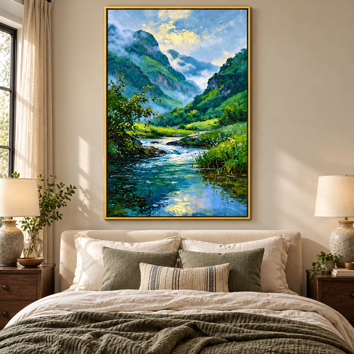 Misty Mountain River Oil Painting | Green Valley Blue Stream and Wildflowers Textured Vertical Landscape Wall Art OA 1675