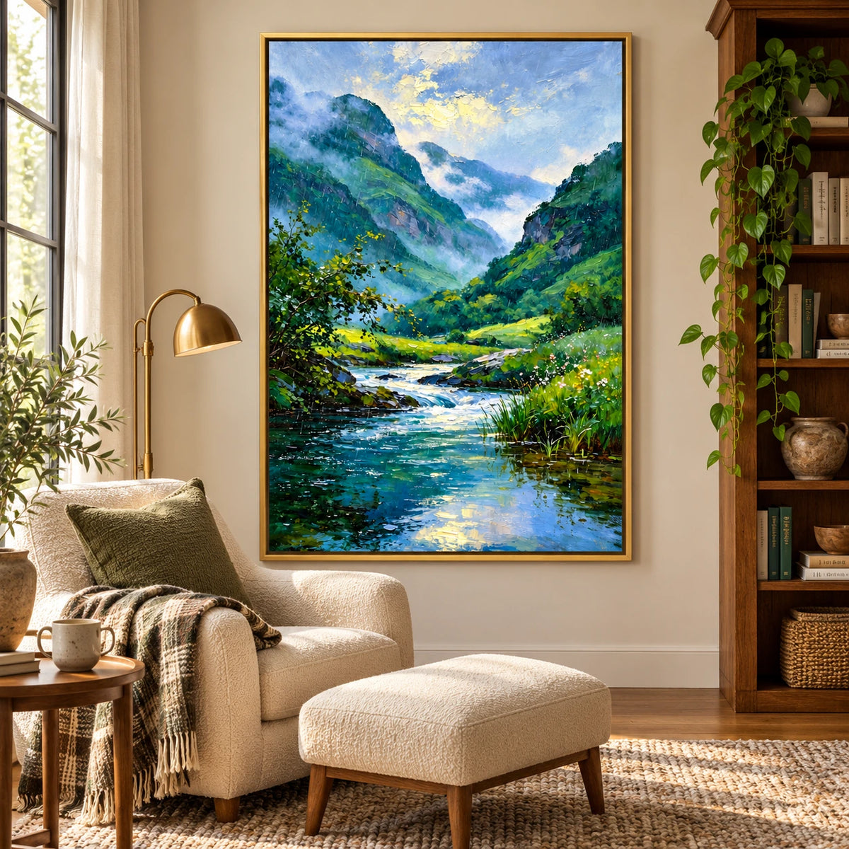 Misty Mountain River Oil Painting | Green Valley Blue Stream and Wildflowers Textured Vertical Landscape Wall Art OA 1675