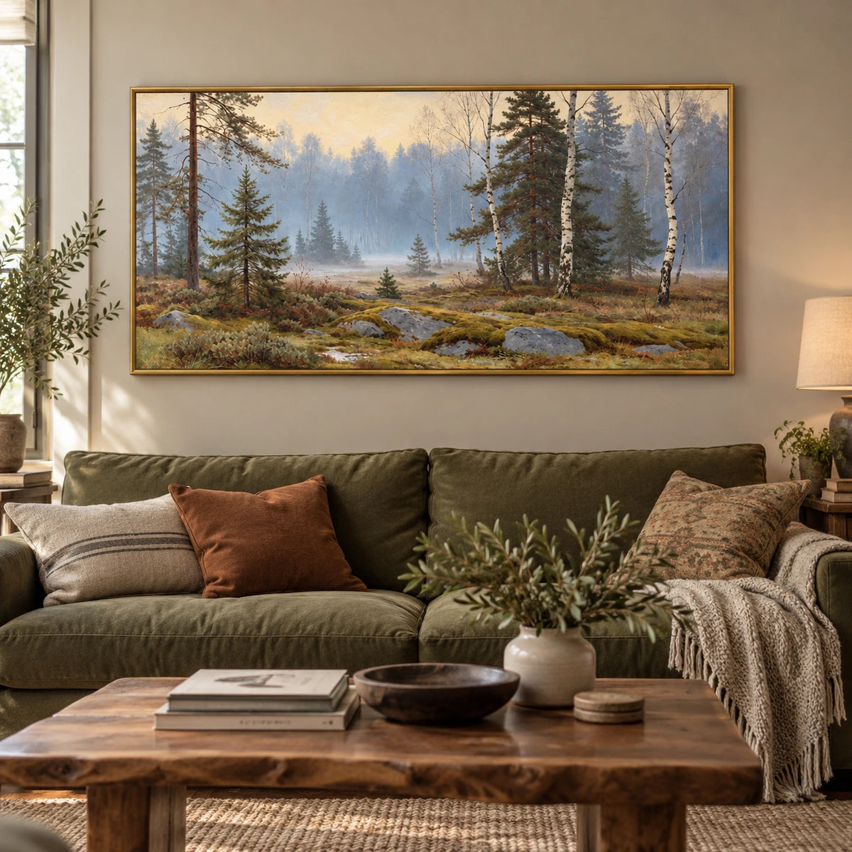 Misty Pine and Birch Forest Oil Painting | Mossy Rocks Soft Morning Light Panoramic Woodland Landscape Wall Art OA 1757