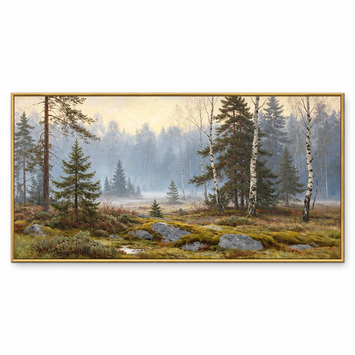 Misty Pine and Birch Forest Oil Painting | Mossy Rocks Soft Morning Light Panoramic Woodland Landscape Wall Art OA 1757
