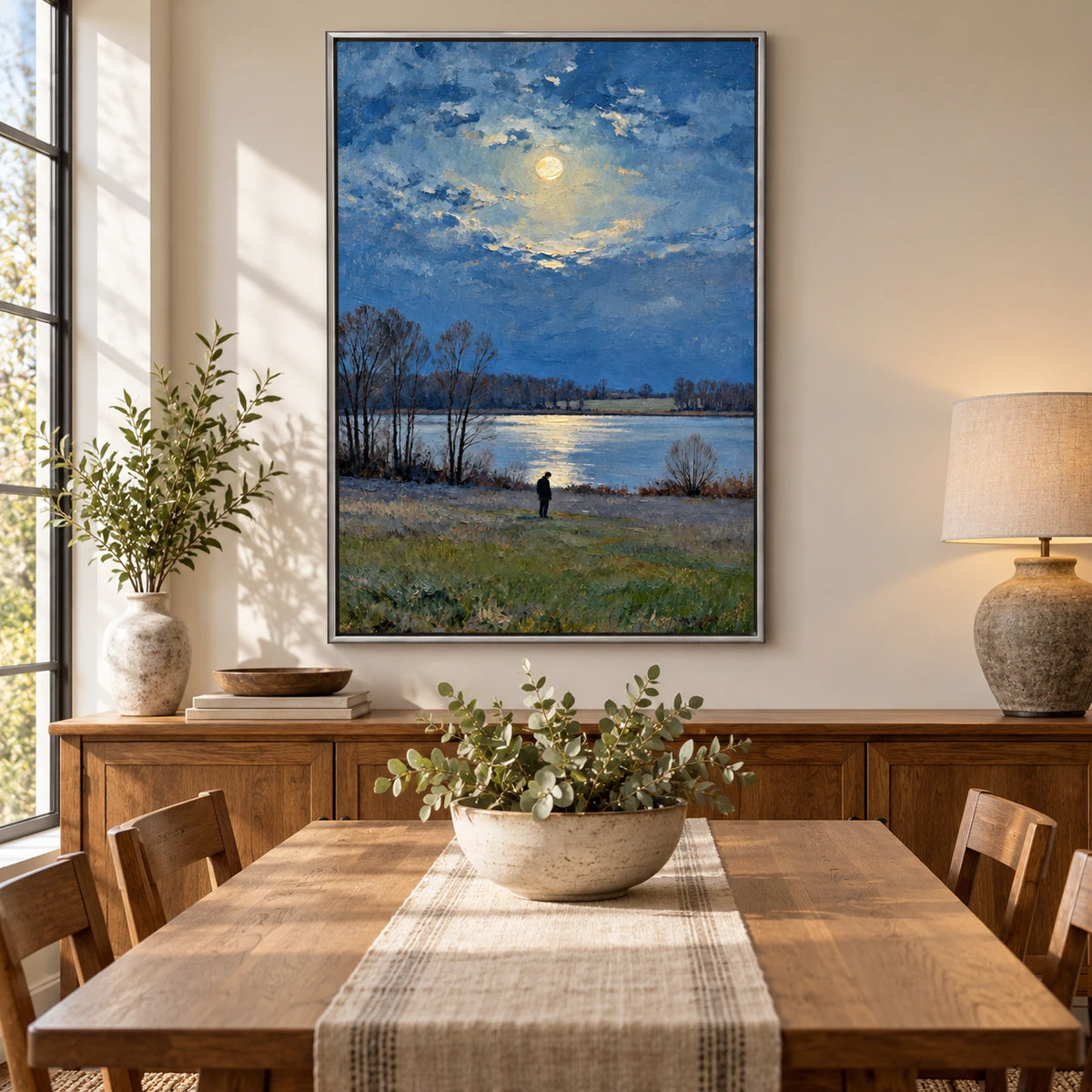 Moonlit Lake with Lone Figure Oil Painting | Bare Trees Blue Water and Full Moon Vertical Landscape Wall Art #OA 1708