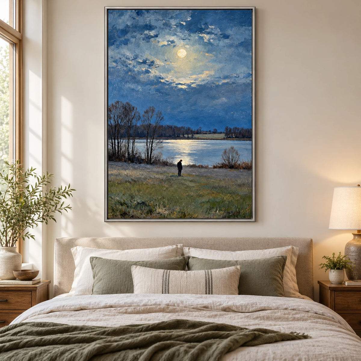 Moonlit Lake with Lone Figure Oil Painting | Bare Trees Blue Water and Full Moon Vertical Landscape Wall Art #OA 1708