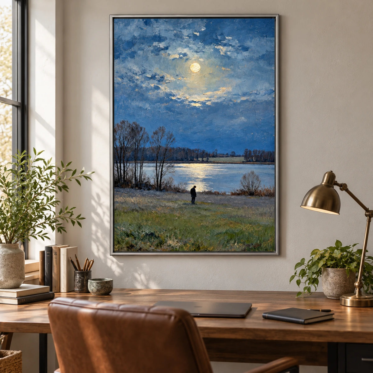 Moonlit Lake with Lone Figure Oil Painting | Bare Trees Blue Water and Full Moon Vertical Landscape Wall Art #OA 1708