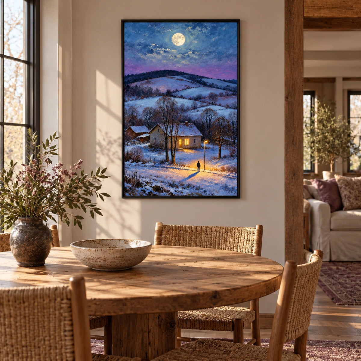 Moonlit Snowy Cottage Oil Painting | Warm Windows Lone Figure and Winter Hills Vertical Landscape Wall Art #OA 1658