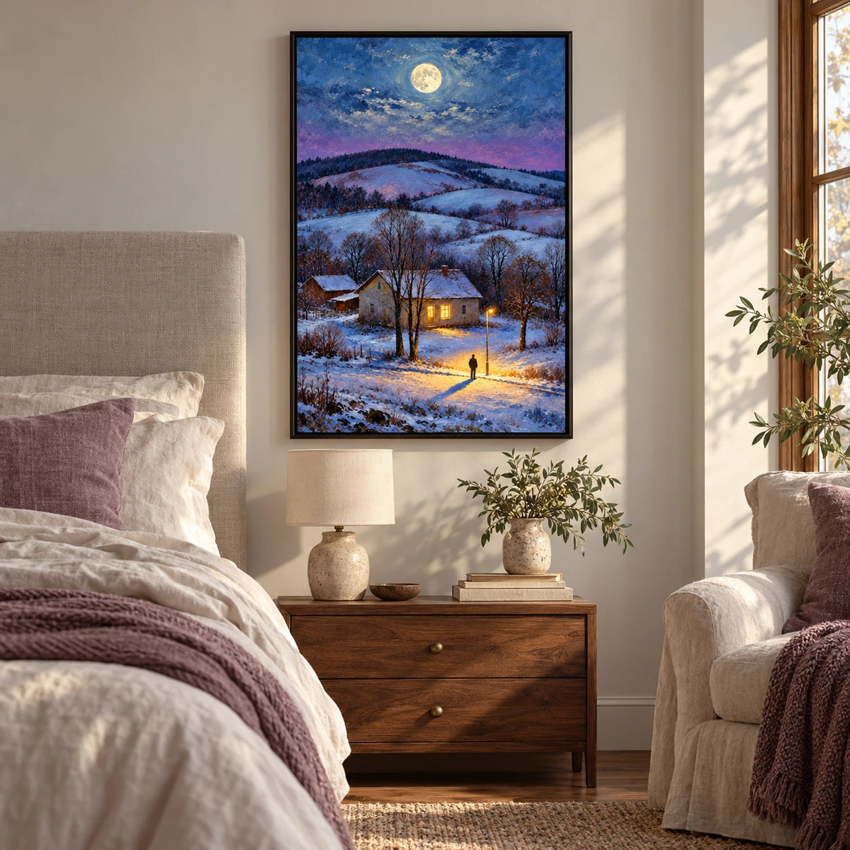 Moonlit Snowy Cottage Oil Painting | Warm Windows Lone Figure and Winter Hills Vertical Landscape Wall Art #OA 1658