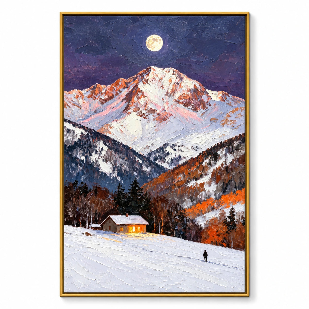 Moonlit Snowy Mountain Cabin Oil Painting | Glowing Window Lone Figure and Autumn Trees Vertical Alpine Landscape Wall Art #OA 1731