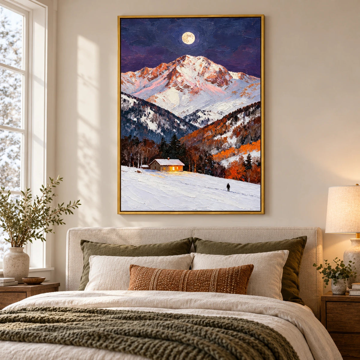 Moonlit Snowy Mountain Cabin Oil Painting | Glowing Window Lone Figure and Autumn Trees Vertical Alpine Landscape Wall Art #OA 1731