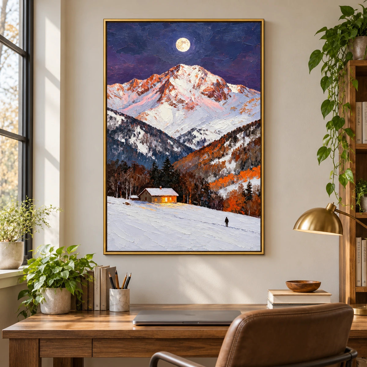 Moonlit Snowy Mountain Cabin Oil Painting | Glowing Window Lone Figure and Autumn Trees Vertical Alpine Landscape Wall Art #OA 1731