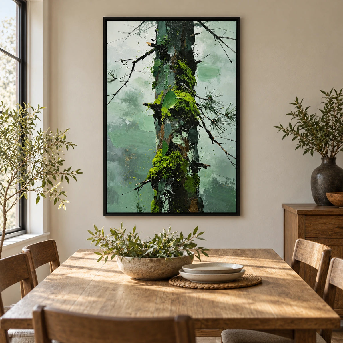 Moss Covered Pine Trunk Oil Painting | Green Bark Black Branches and Misty Sage Forest Textured Vertical Wall Art #OA 1722