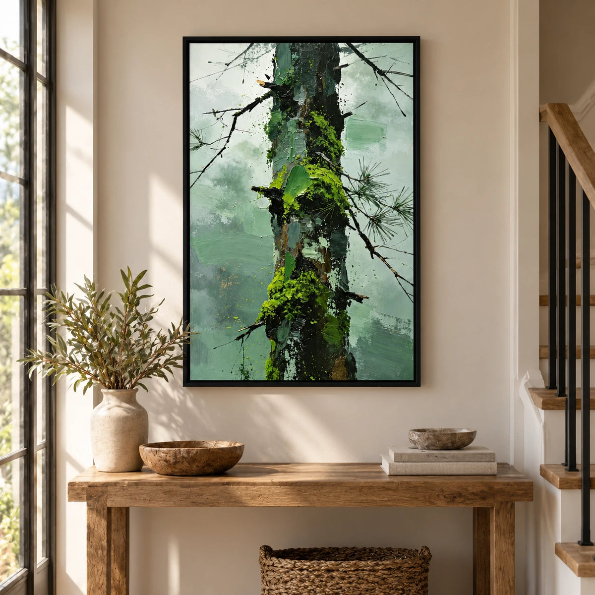 Moss Covered Pine Trunk Oil Painting | Green Bark Black Branches and Misty Sage Forest Textured Vertical Wall Art #OA 1722