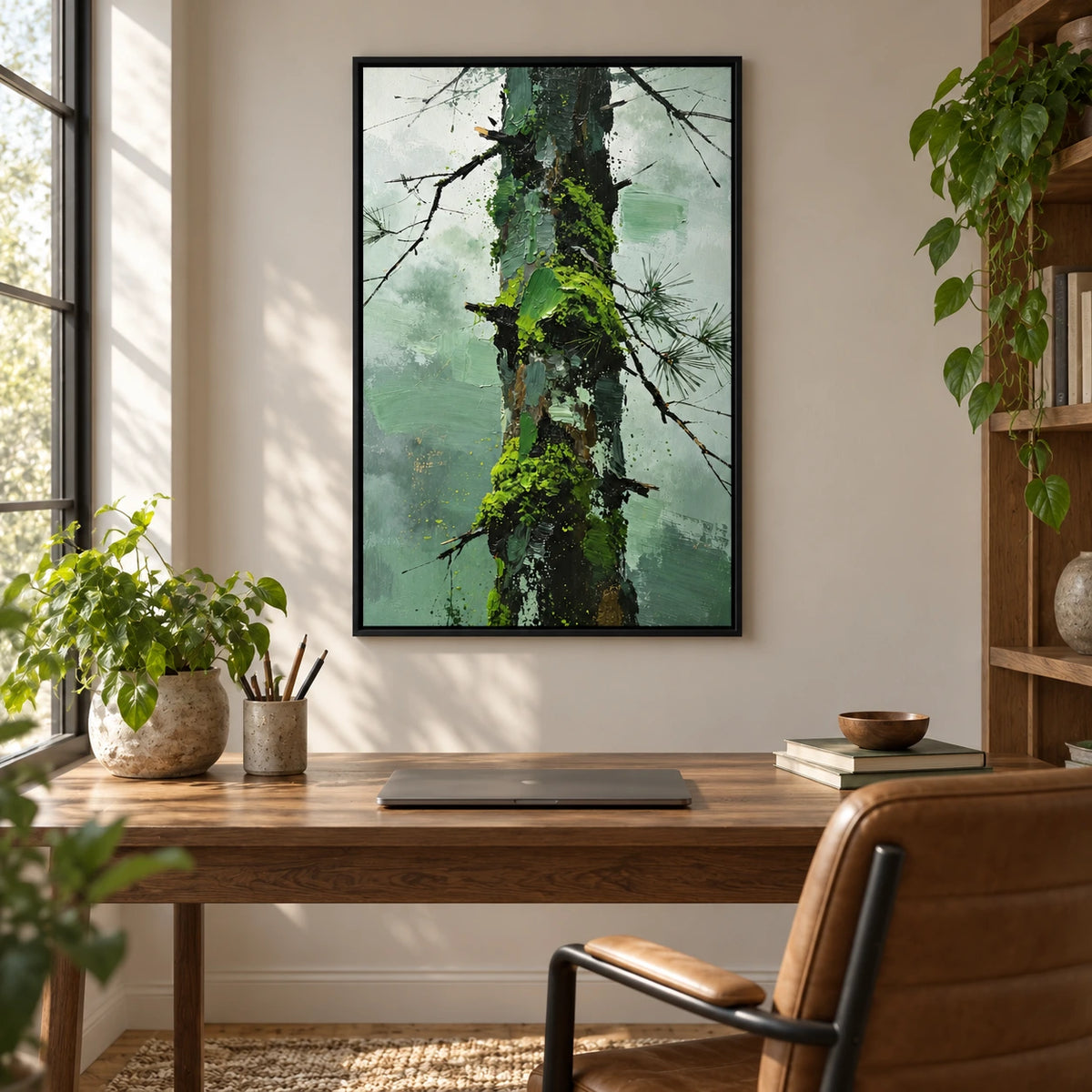 Moss Covered Pine Trunk Oil Painting | Green Bark Black Branches and Misty Sage Forest Textured Vertical Wall Art #OA 1722