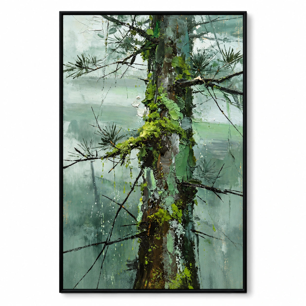 Mossy Pine Tree Trunk Oil Painting | Sage Green Forest Black Branches and Textured Bark Vertical Nature Wall Art OA 1743
