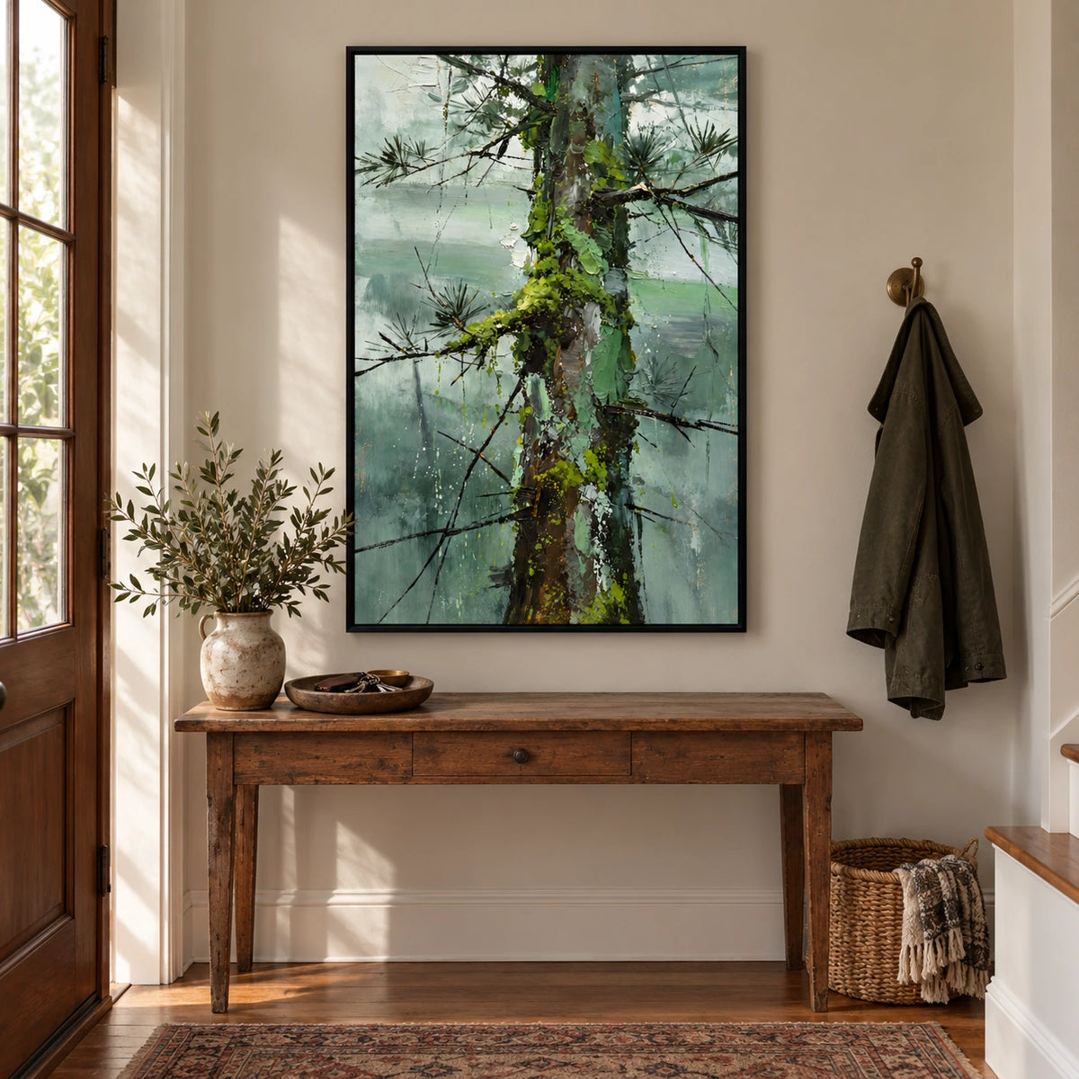 Mossy Pine Tree Trunk Oil Painting | Sage Green Forest Black Branches and Textured Bark Vertical Nature Wall Art OA 1743