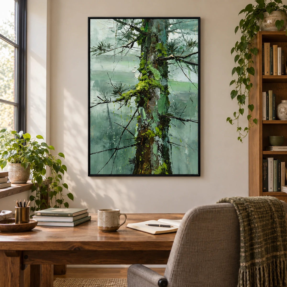Mossy Pine Tree Trunk Oil Painting | Sage Green Forest Black Branches and Textured Bark Vertical Nature Wall Art OA 1743