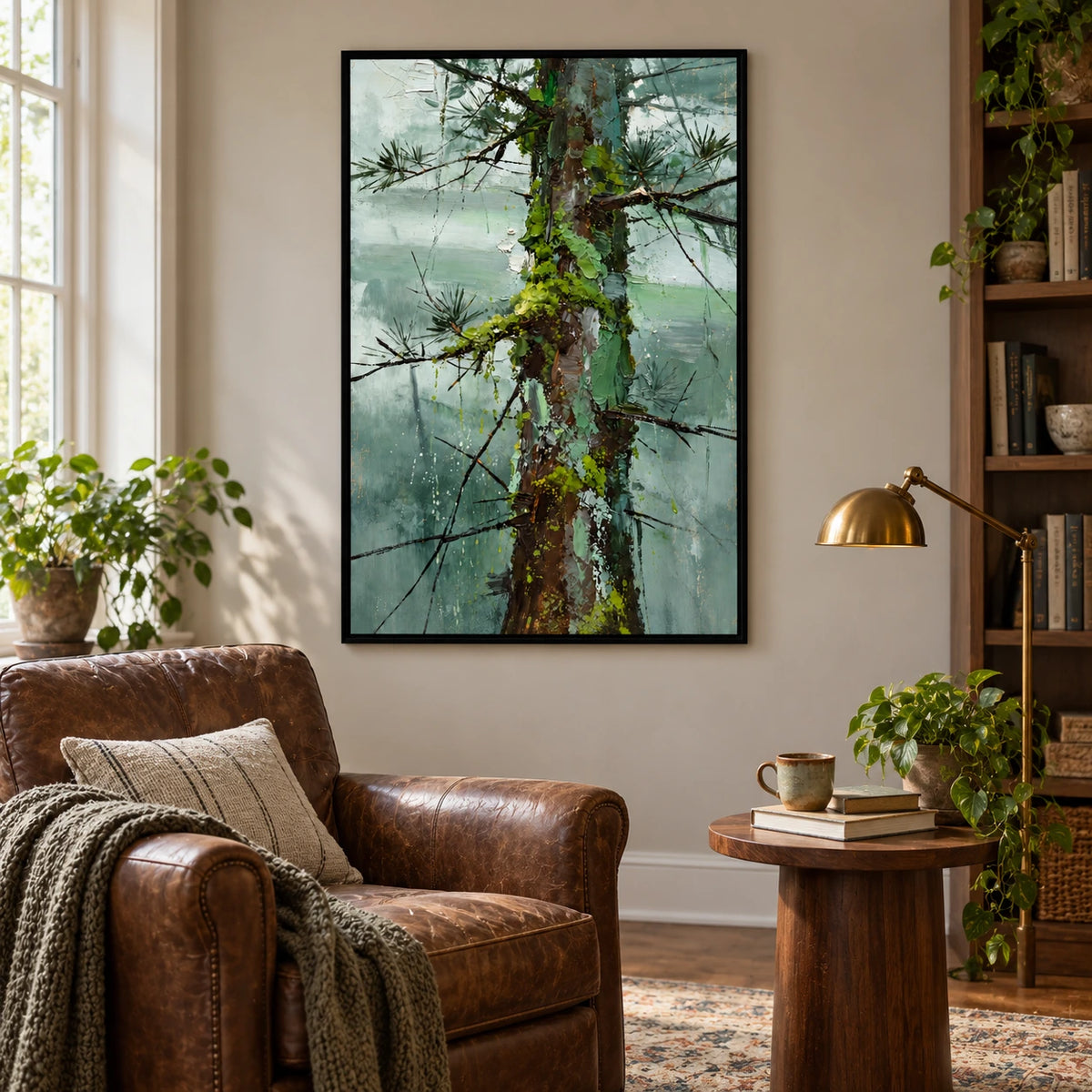 Mossy Pine Tree Trunk Oil Painting | Sage Green Forest Black Branches and Textured Bark Vertical Nature Wall Art OA 1743