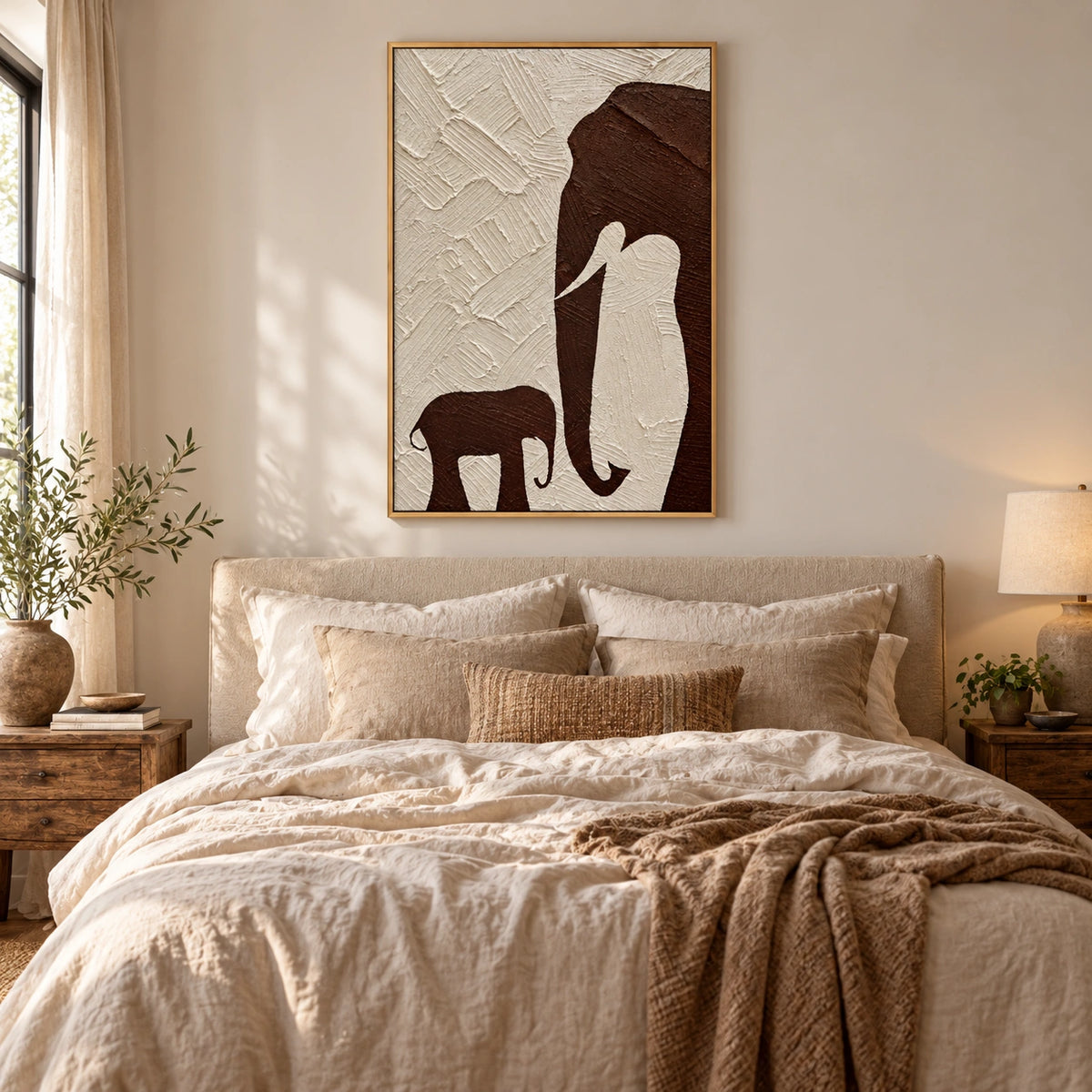 Mother and Baby Elephant Oil Painting | Brown Silhouettes on Ivory Textured Vertical Minimalist Animal Wall Art OA 1791