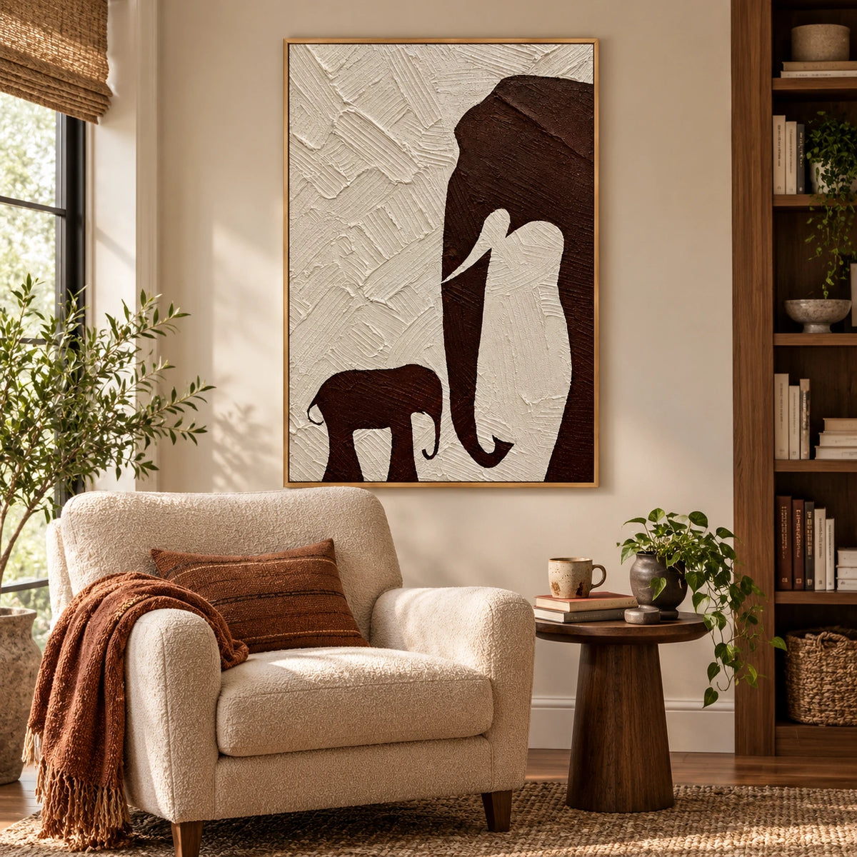 Mother and Baby Elephant Oil Painting | Brown Silhouettes on Ivory Textured Vertical Minimalist Animal Wall Art OA 1791