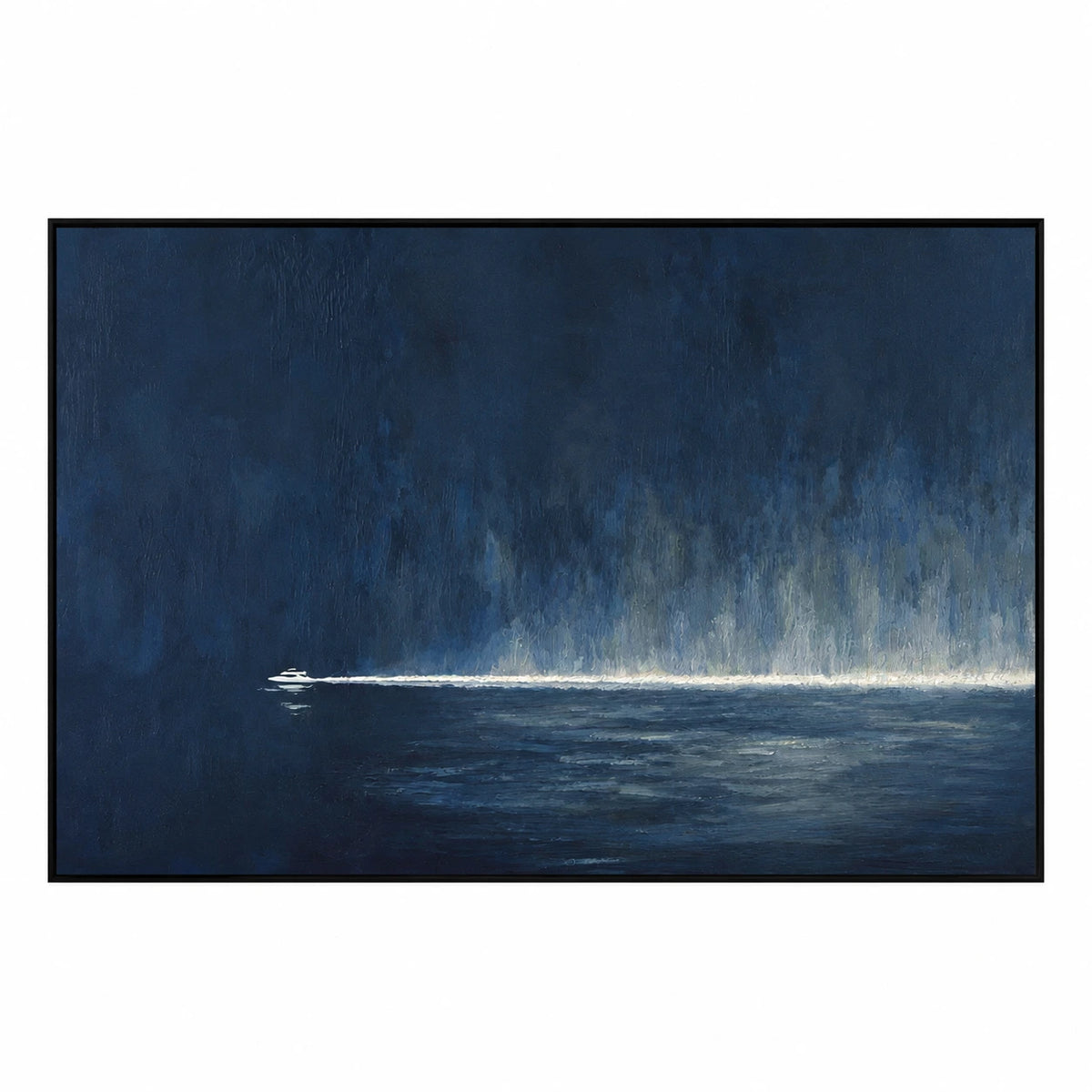 Navy Blue Boat Oil Painting | Small White Vessel and Luminous Horizon Horizontal Moody Seascape Wall Art #OA 1818
