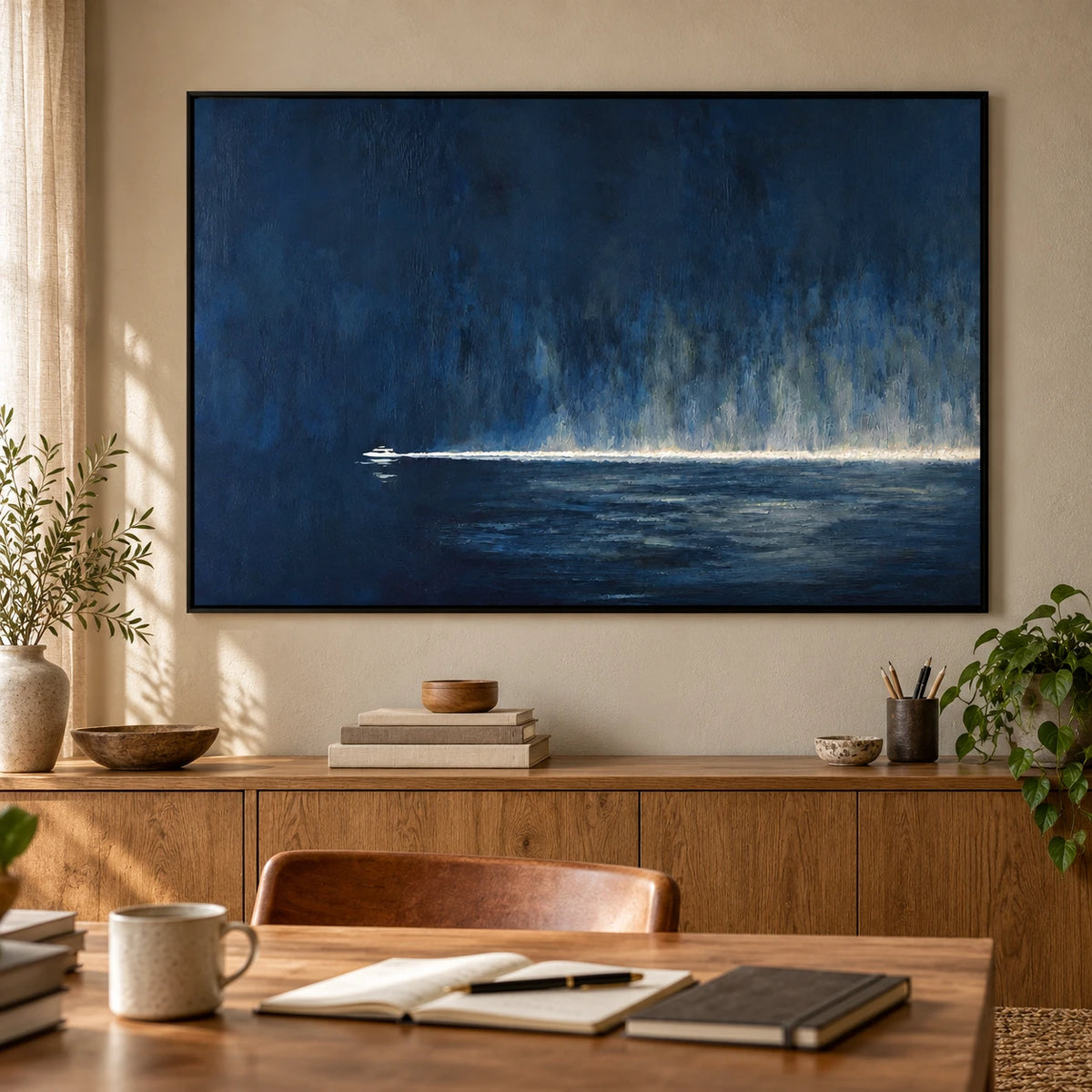 Navy Blue Boat Oil Painting | Small White Vessel and Luminous Horizon Horizontal Moody Seascape Wall Art #OA 1818