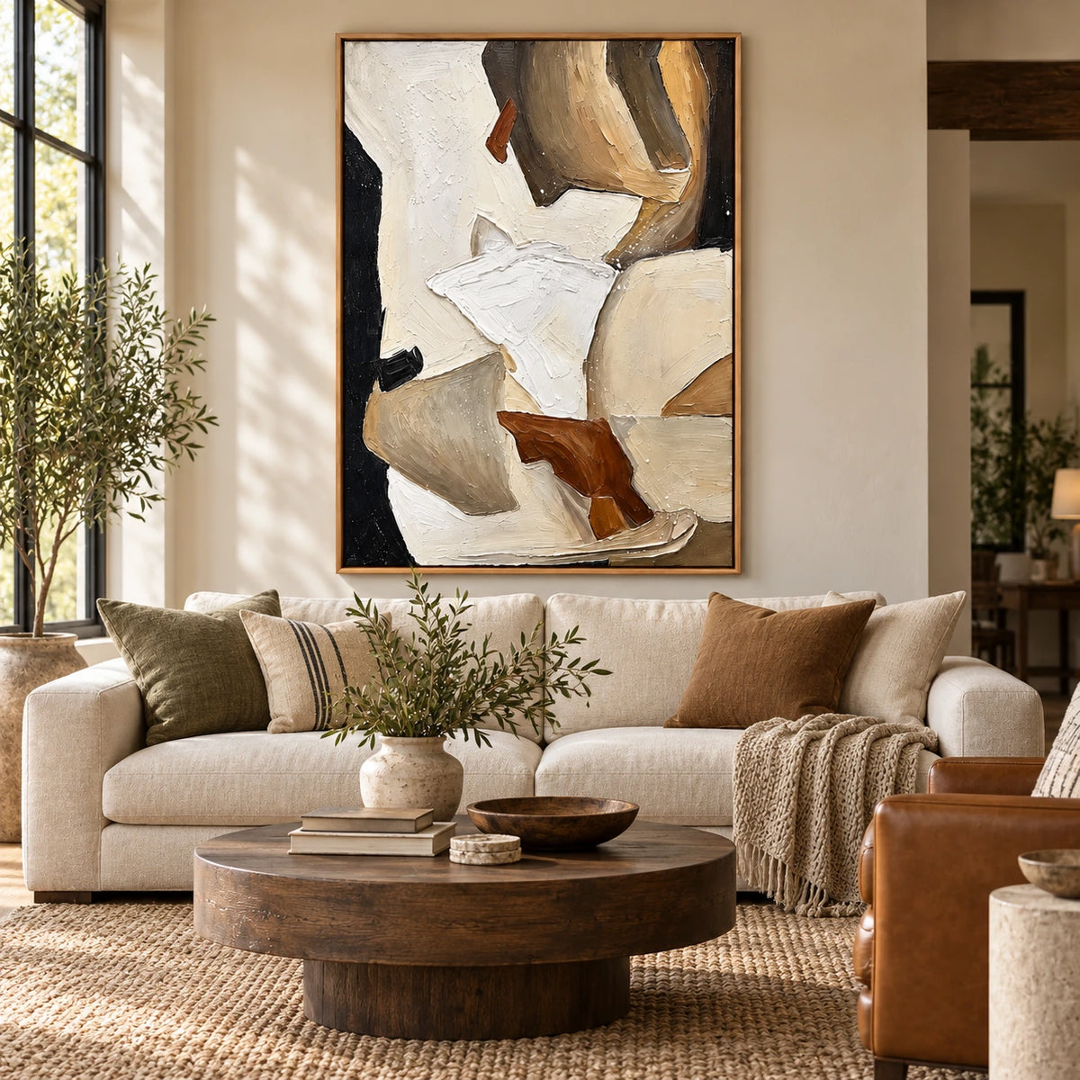 Neutral Abstract Horses Oil Painting | Ivory Brown and Black Textured Equestrian Vertical Wall Art OA 1679