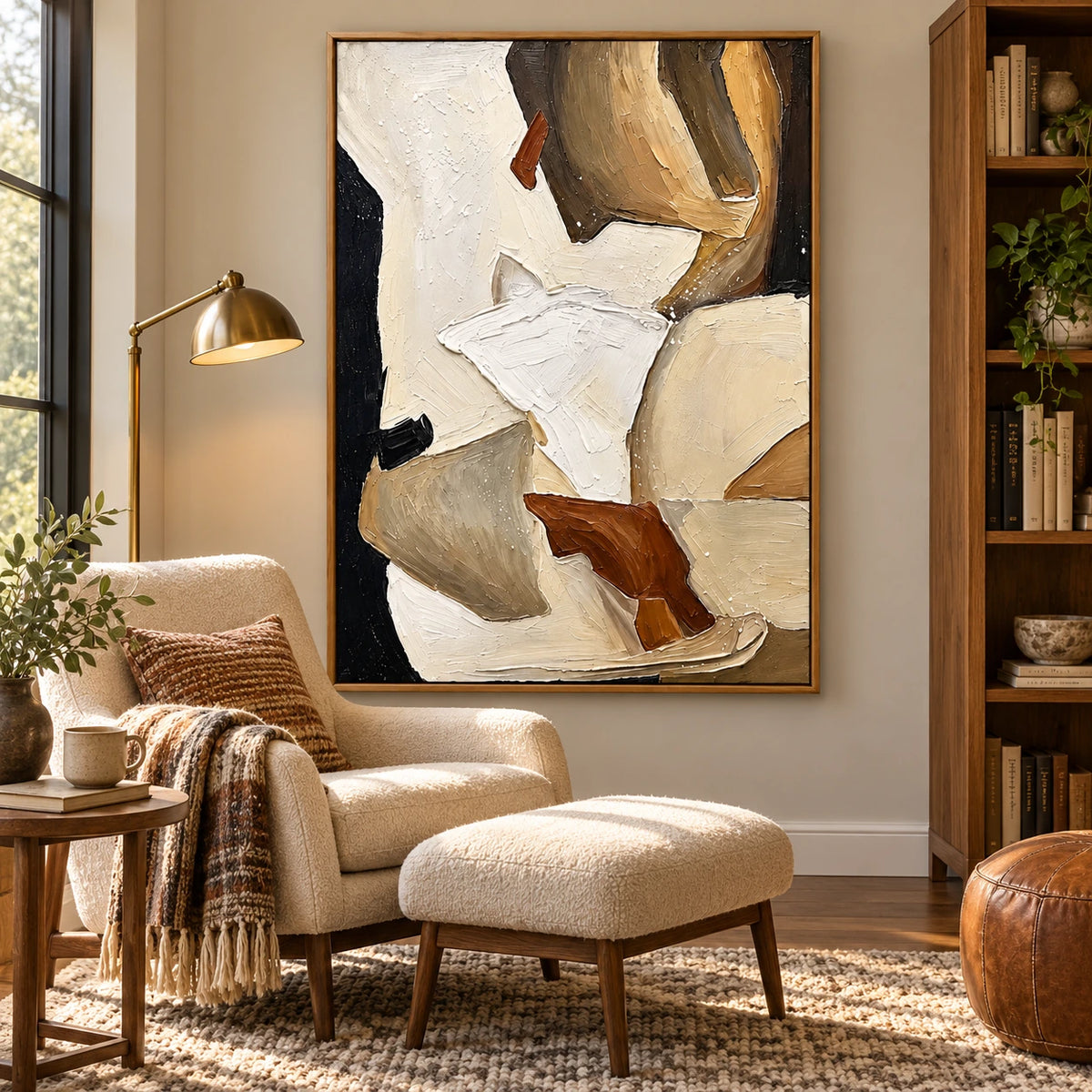 Neutral Abstract Horses Oil Painting | Ivory Brown and Black Textured Equestrian Vertical Wall Art OA 1679