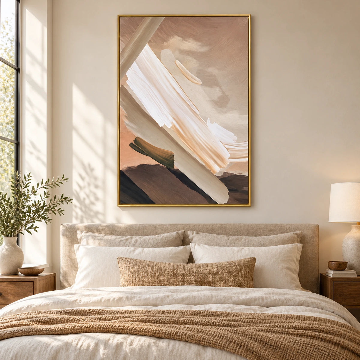 Neutral Diagonal Brushstrokes Oil Painting | Cream White Taupe and Peach Textured Abstract Vertical Wall Art #OA 1714