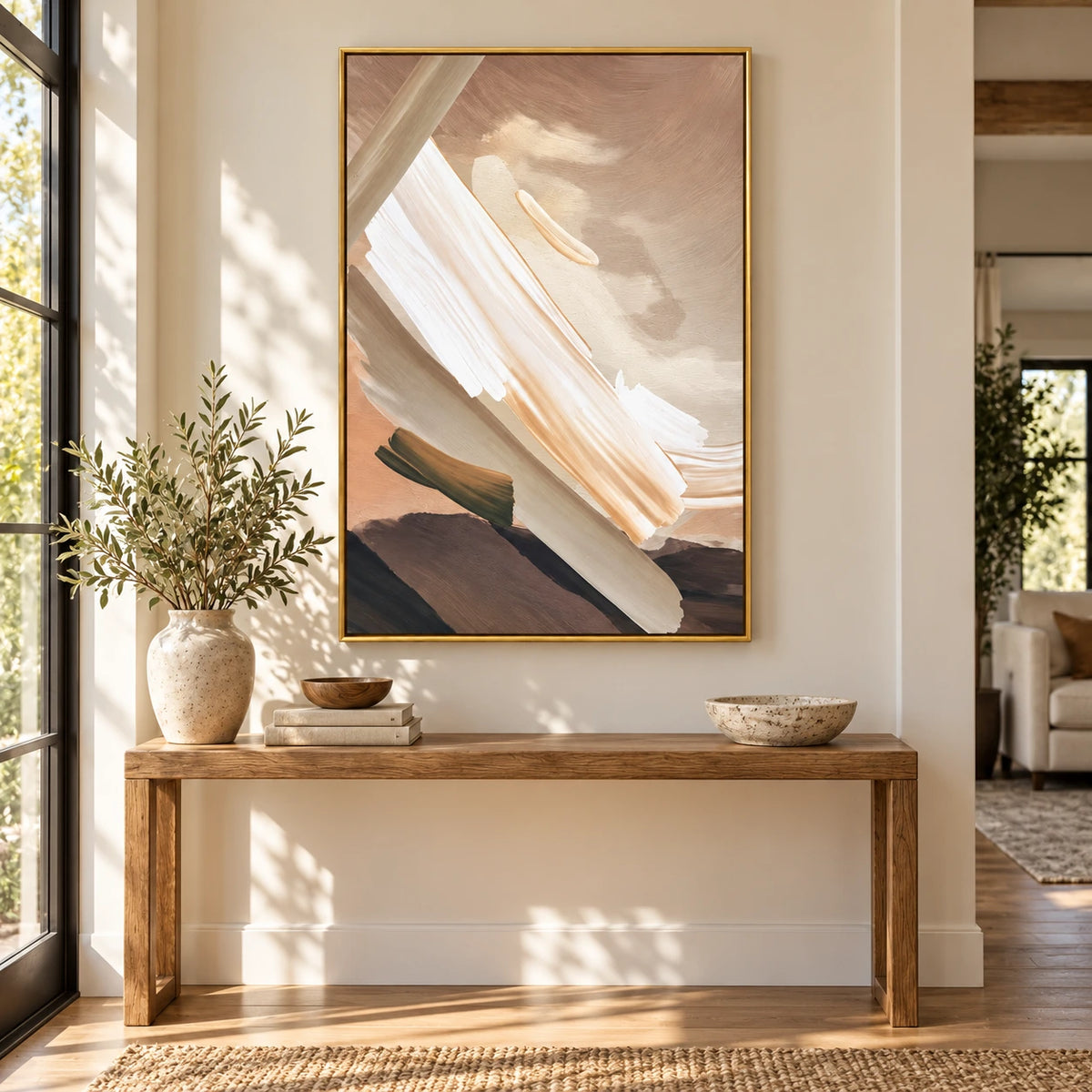 Neutral Diagonal Brushstrokes Oil Painting | Cream White Taupe and Peach Textured Abstract Vertical Wall Art #OA 1714